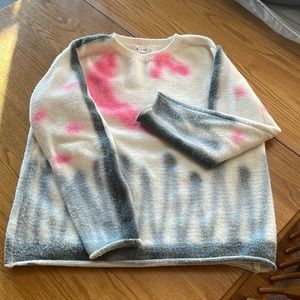 White pink and charcoal, gray large, soft sweater